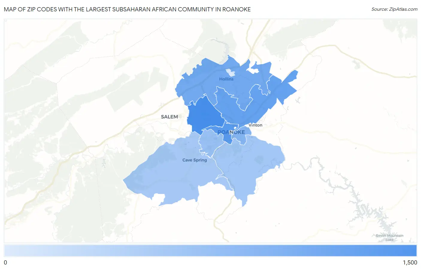 Zip Codes with the Largest Subsaharan African Community in Roanoke Map