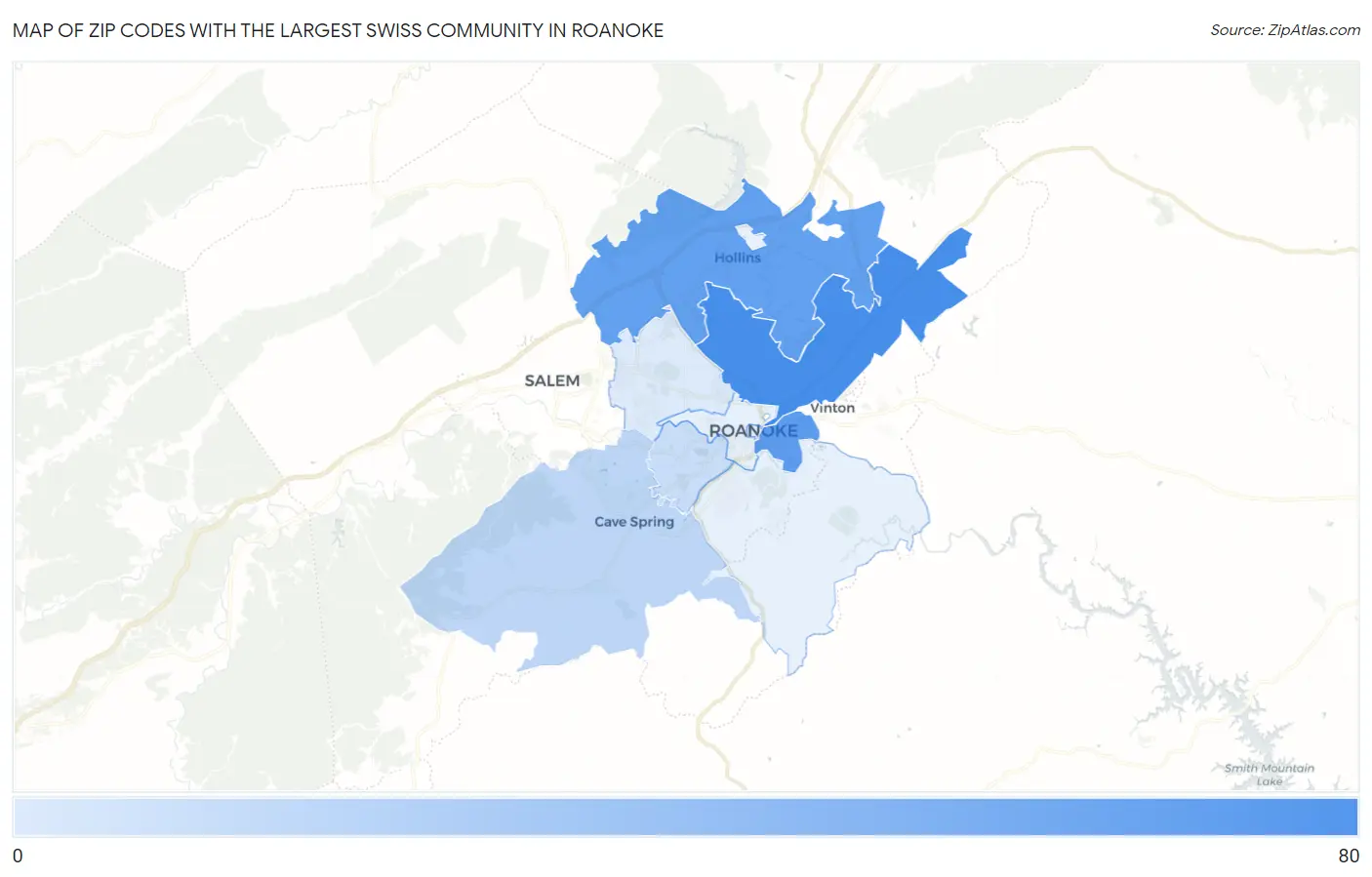 Zip Codes with the Largest Swiss Community in Roanoke Map