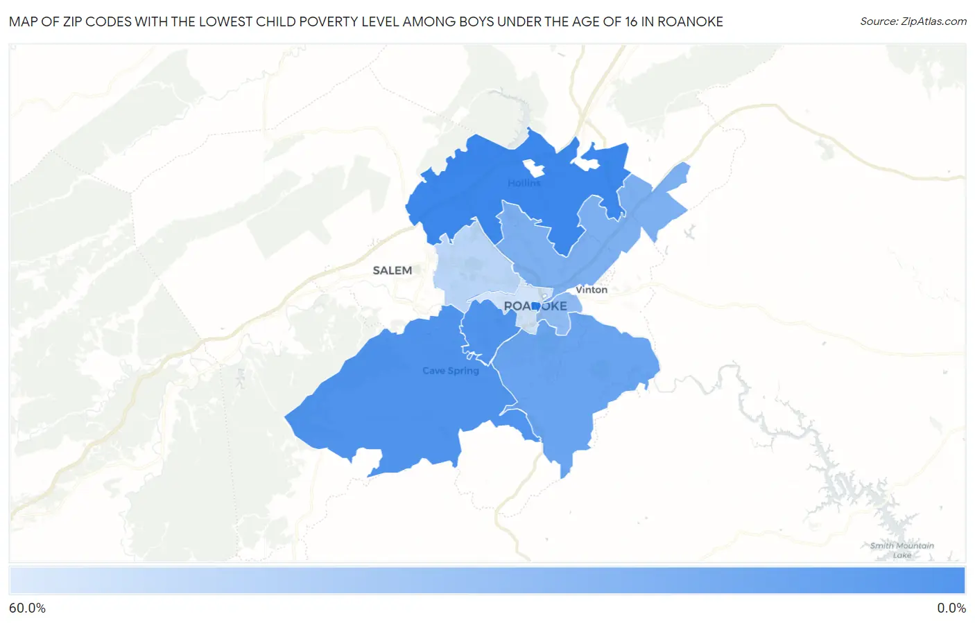 Zip Codes with the Lowest Child Poverty Level Among Boys Under the Age of 16 in Roanoke Map