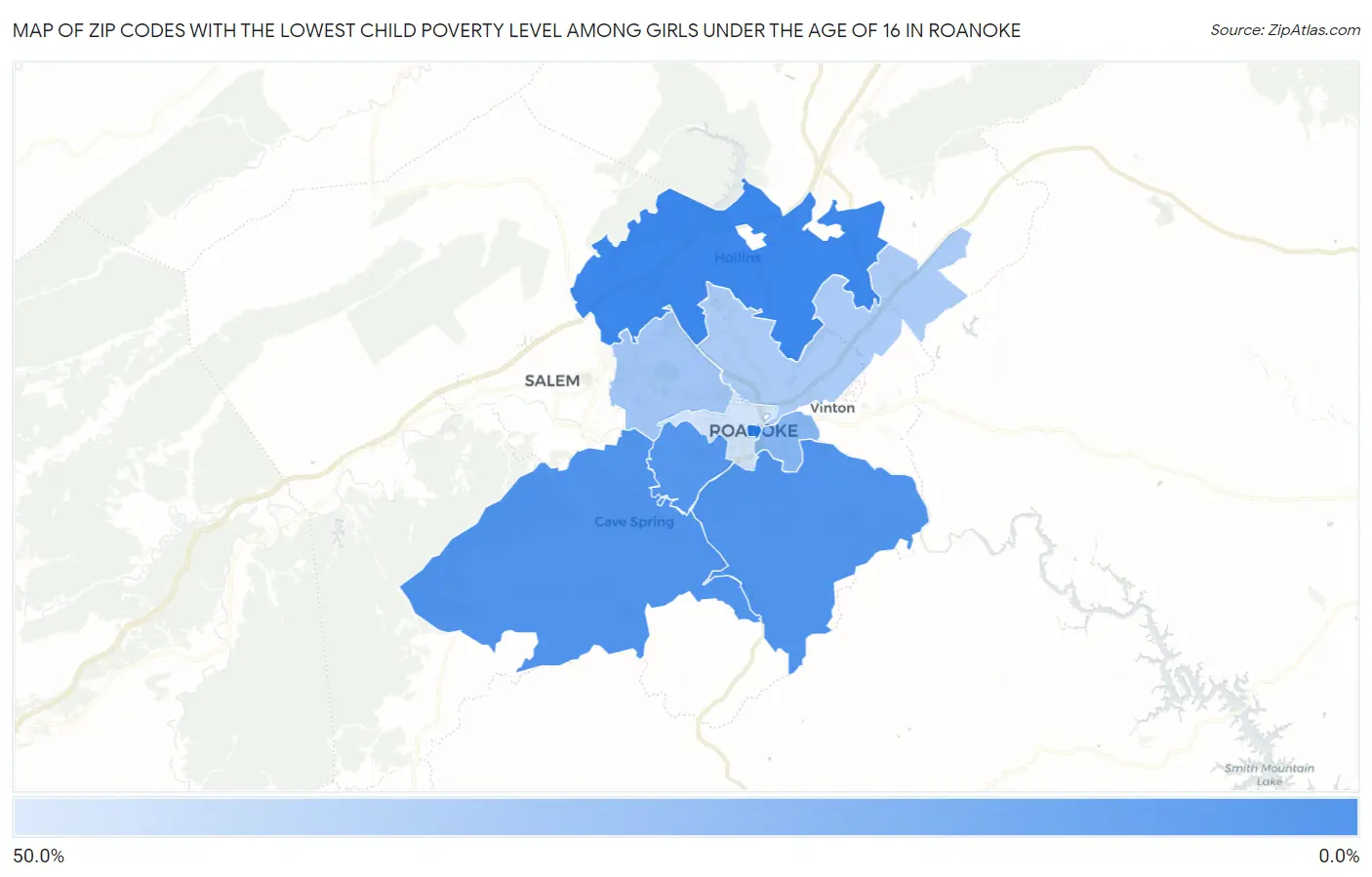 Zip Codes with the Lowest Child Poverty Level Among Girls Under the Age of 16 in Roanoke Map