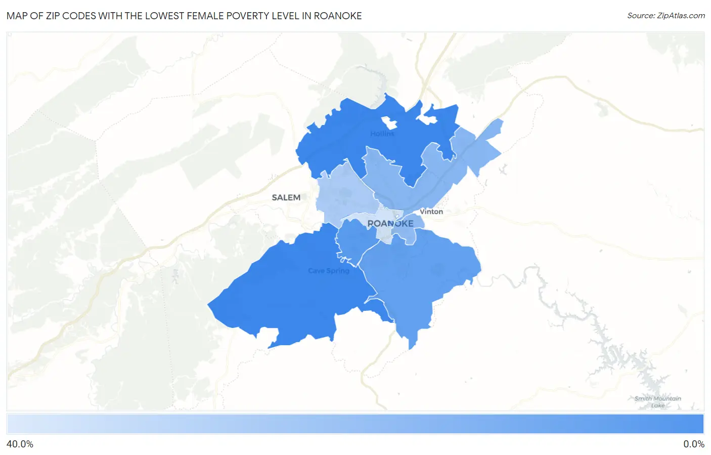 Zip Codes with the Lowest Female Poverty Level in Roanoke Map