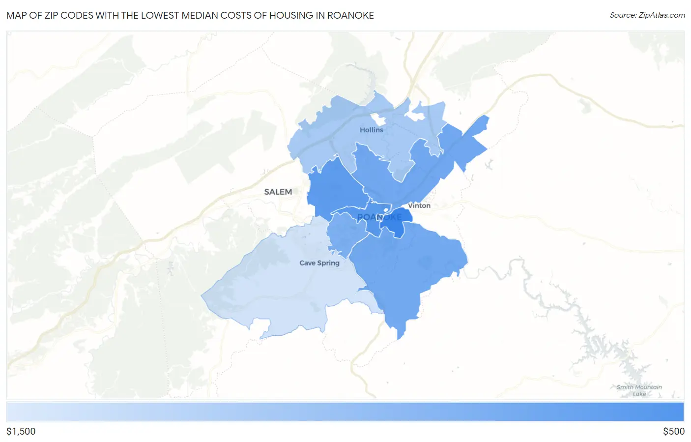Zip Codes with the Lowest Median Costs of Housing in Roanoke Map
