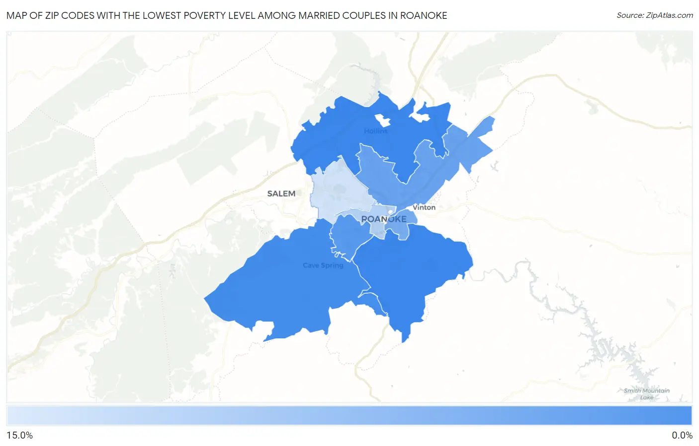 Zip Codes with the Lowest Poverty Level Among Married Couples in Roanoke Map