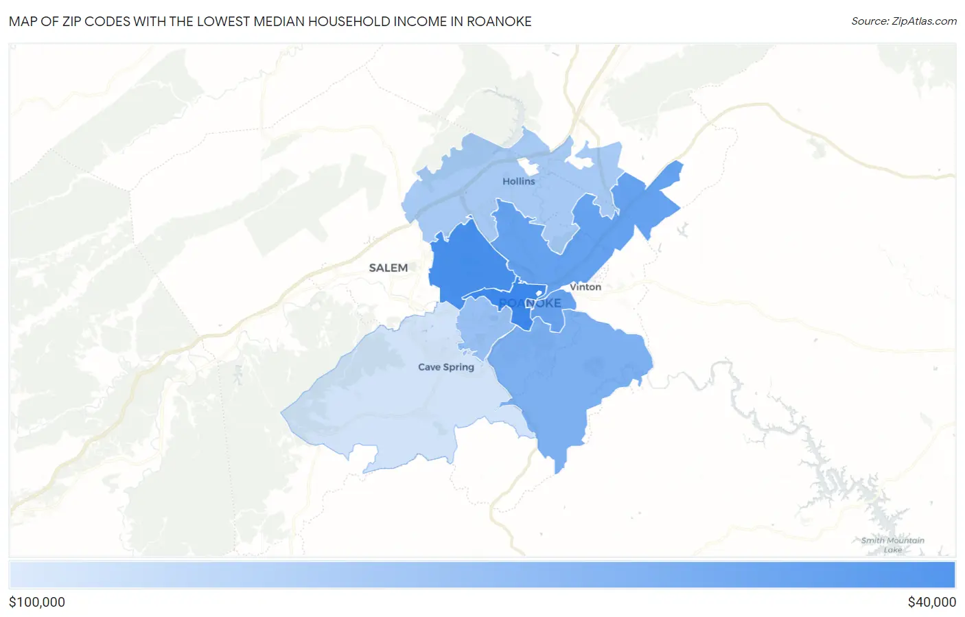 Zip Codes with the Lowest Median Household Income in Roanoke Map