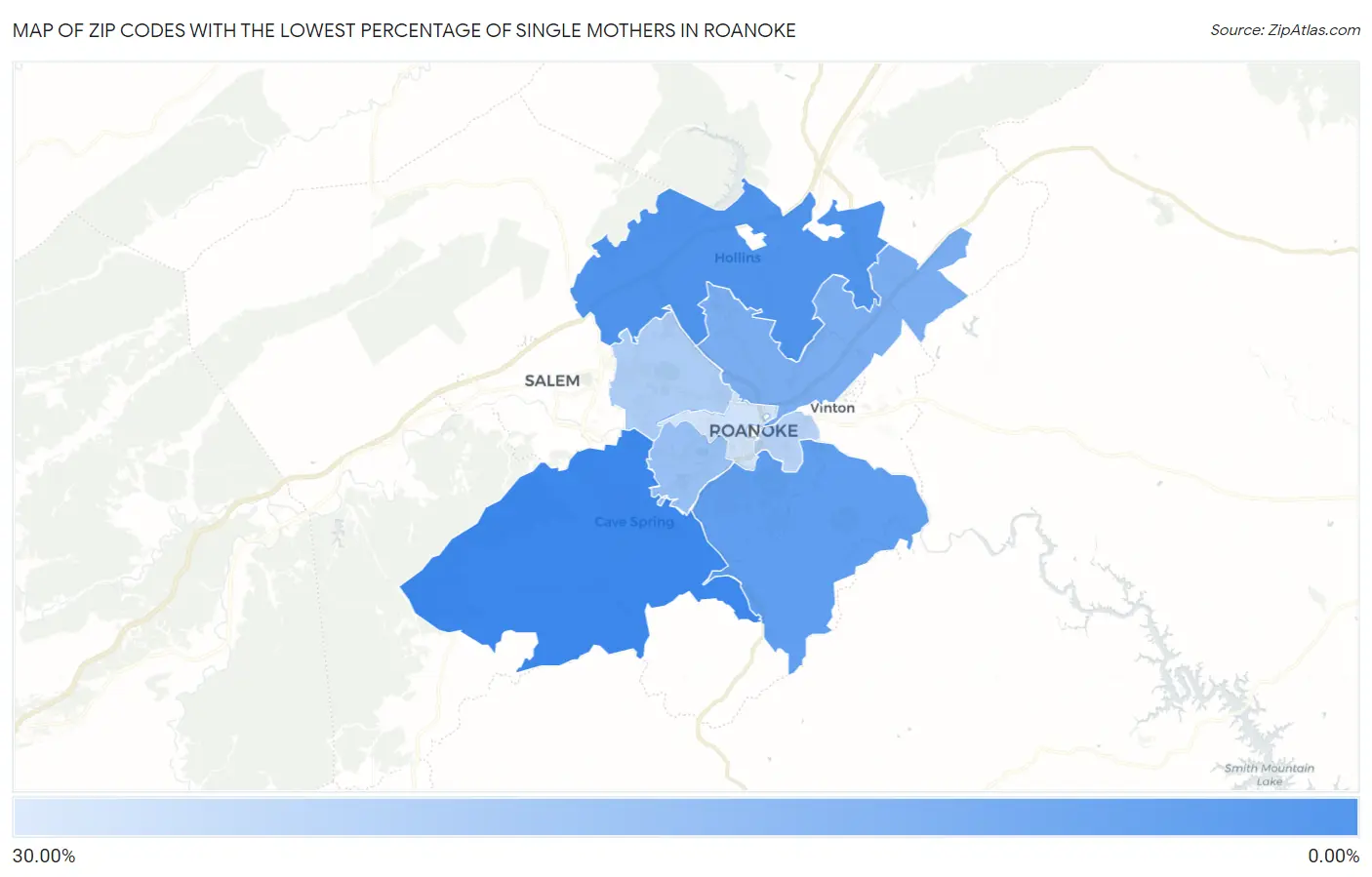 Zip Codes with the Lowest Percentage of Single Mothers in Roanoke Map