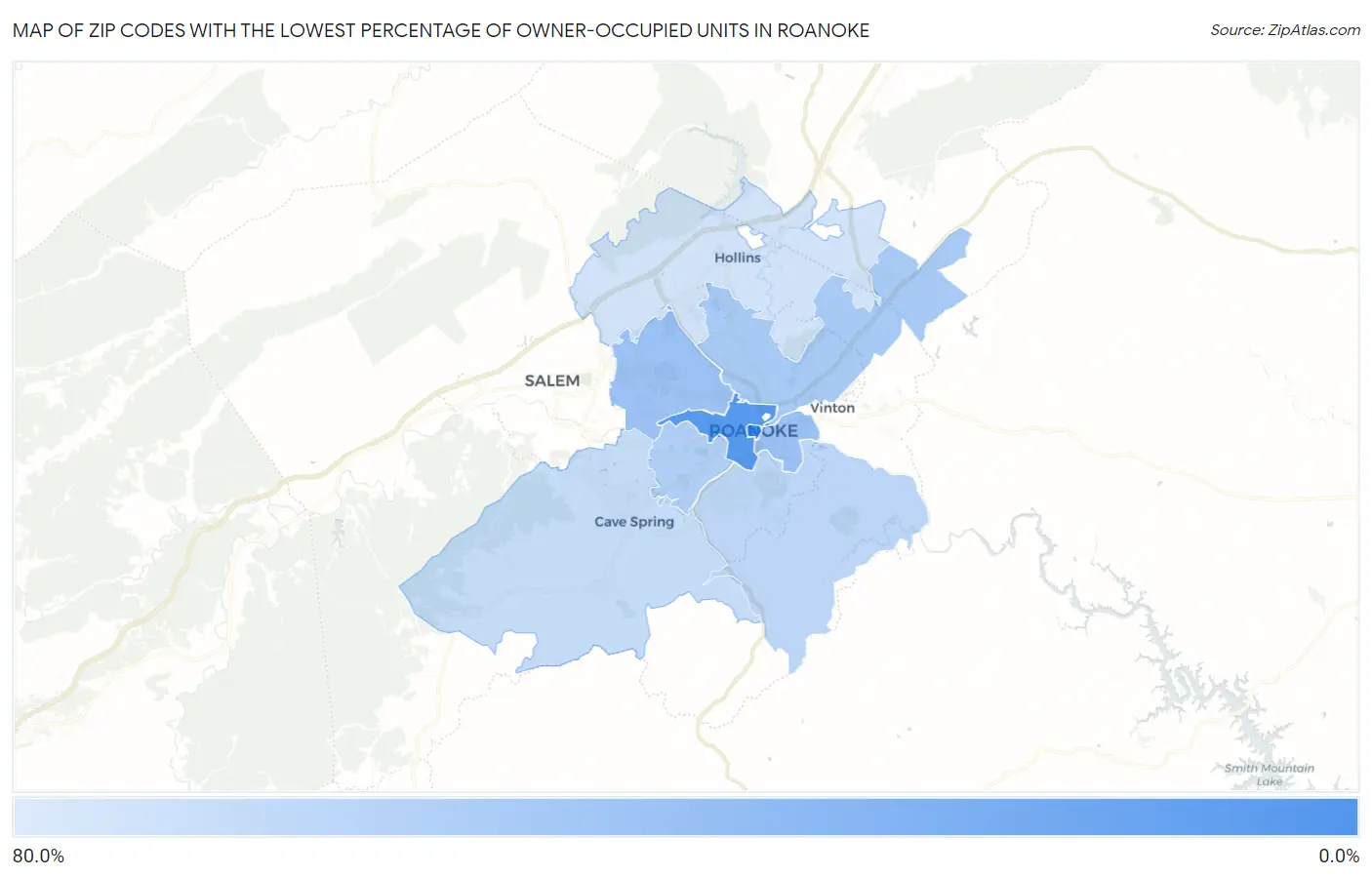 Zip Codes with the Lowest Percentage of Owner-Occupied Units in Roanoke Map