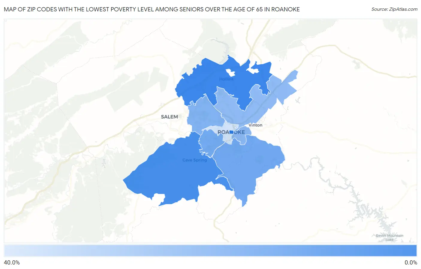 Zip Codes with the Lowest Poverty Level Among Seniors Over the Age of 65 in Roanoke Map