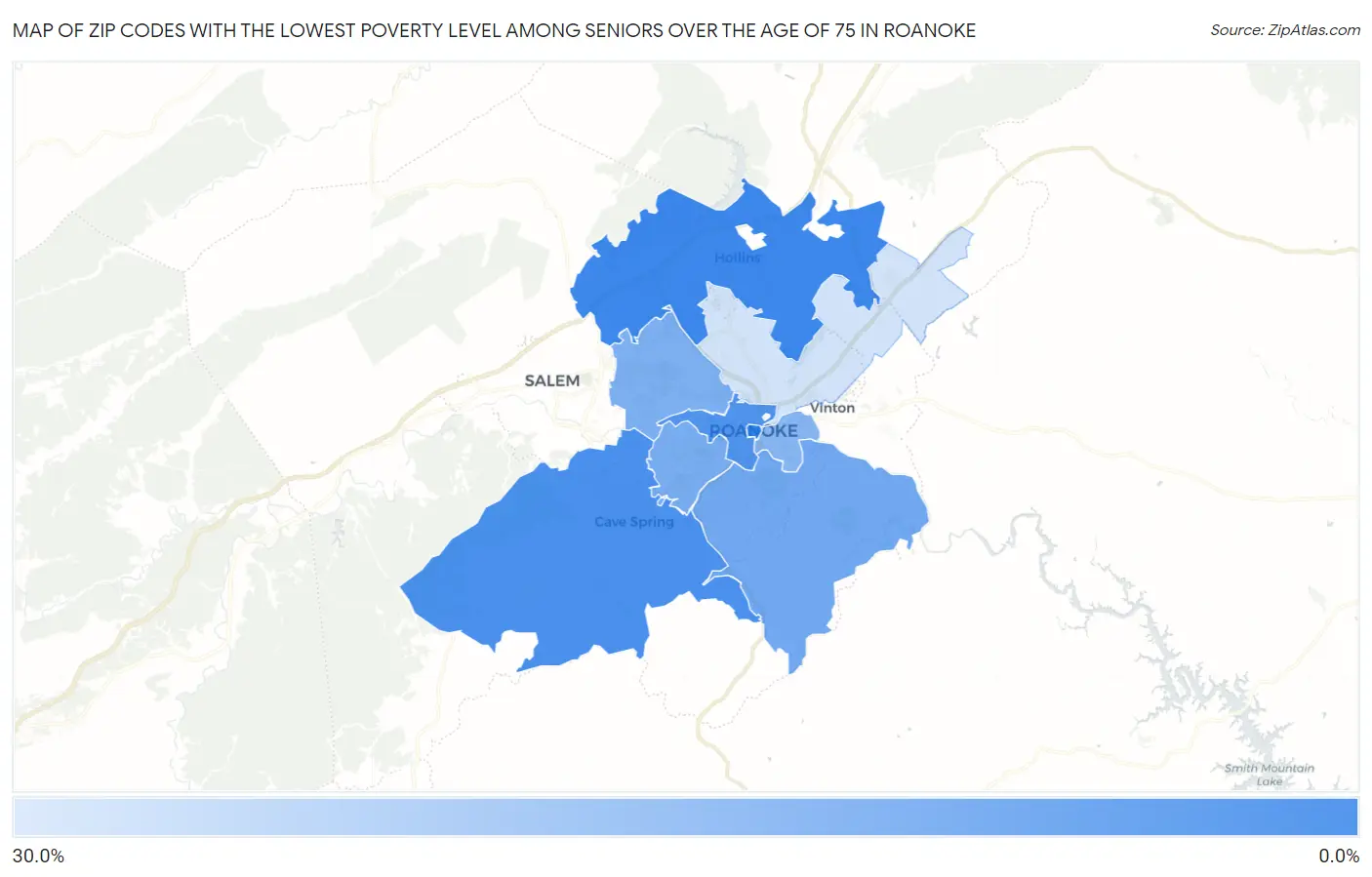 Zip Codes with the Lowest Poverty Level Among Seniors Over the Age of 75 in Roanoke Map
