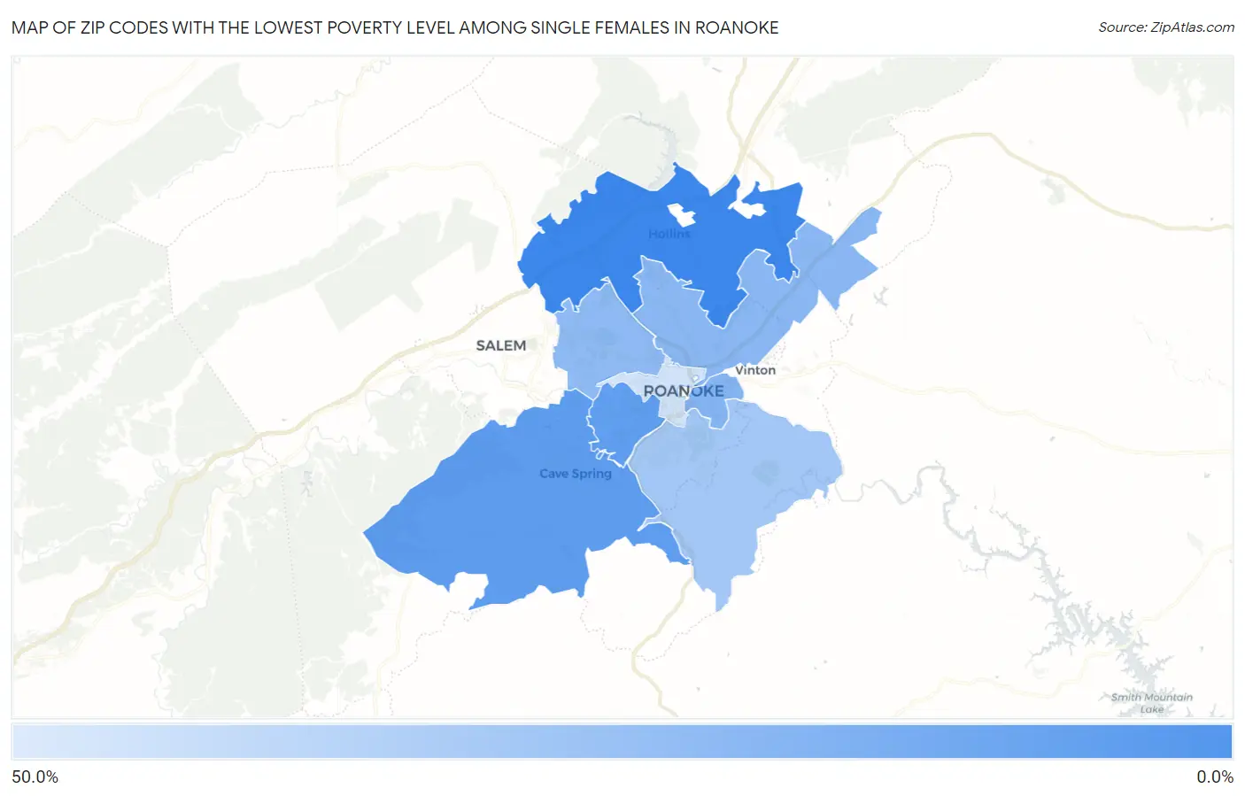 Zip Codes with the Lowest Poverty Level Among Single Females in Roanoke Map