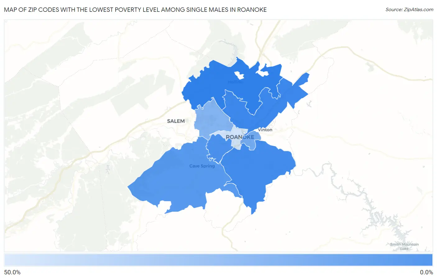 Zip Codes with the Lowest Poverty Level Among Single Males in Roanoke Map