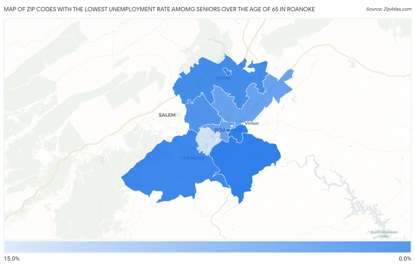 Zip Codes with the Lowest Unemployment Rate Amomg Seniors Over the Age of 65 in Roanoke Map