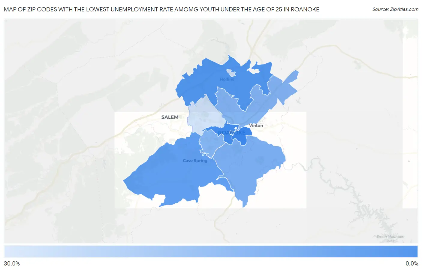 Zip Codes with the Lowest Unemployment Rate Amomg Youth Under the Age of 25 in Roanoke Map