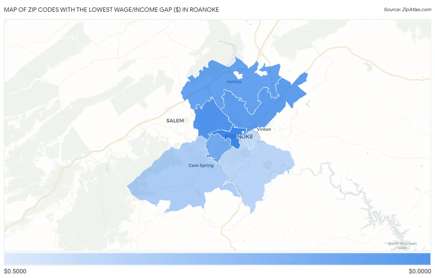 Zip Codes with the Lowest Wage/Income Gap ($) in Roanoke Map