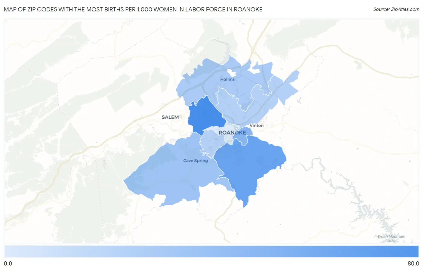Zip Codes with the Most Births per 1,000 Women in Labor Force in Roanoke Map