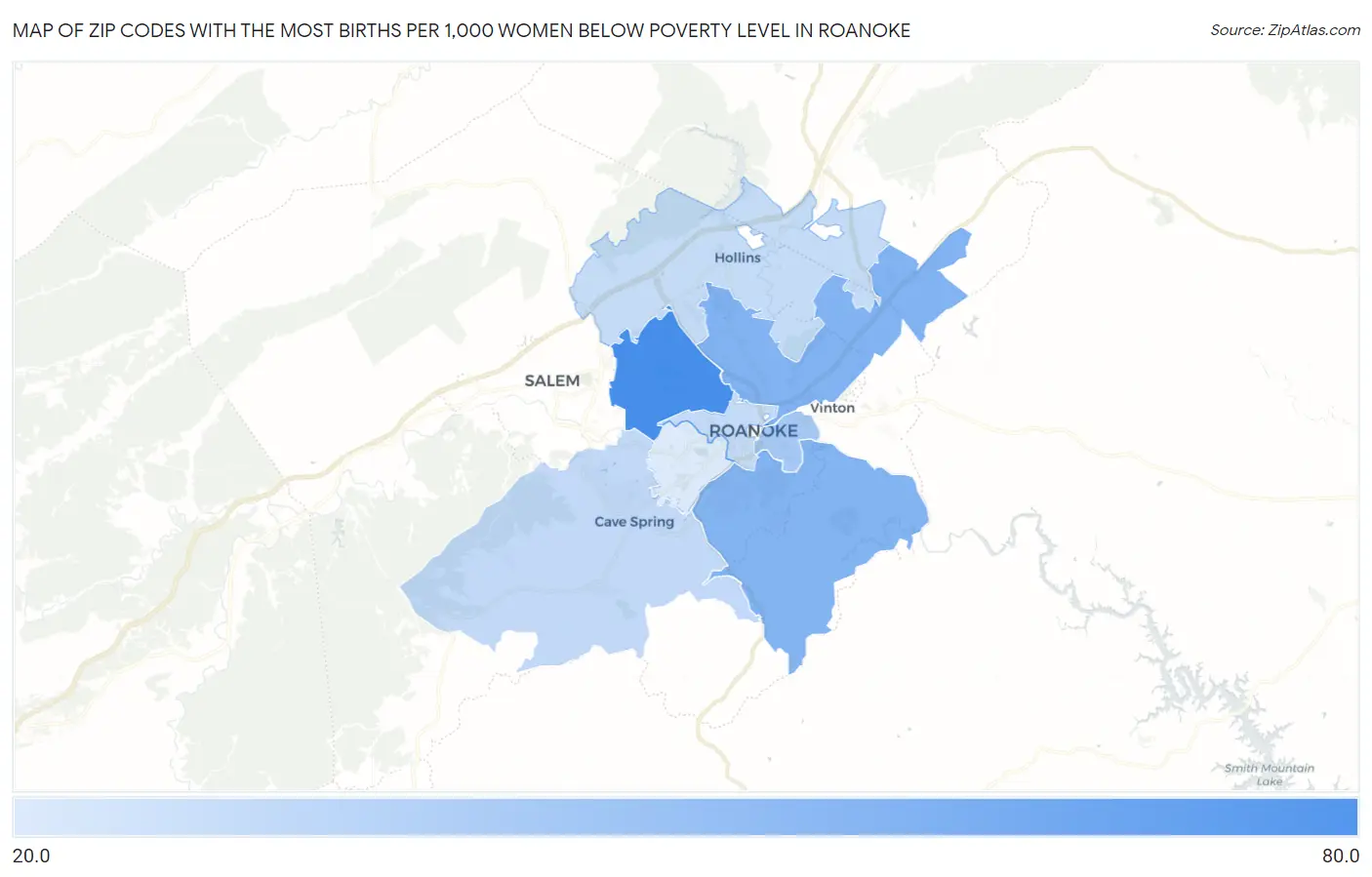 Zip Codes with the Most Births per 1,000 Women Below Poverty Level in Roanoke Map
