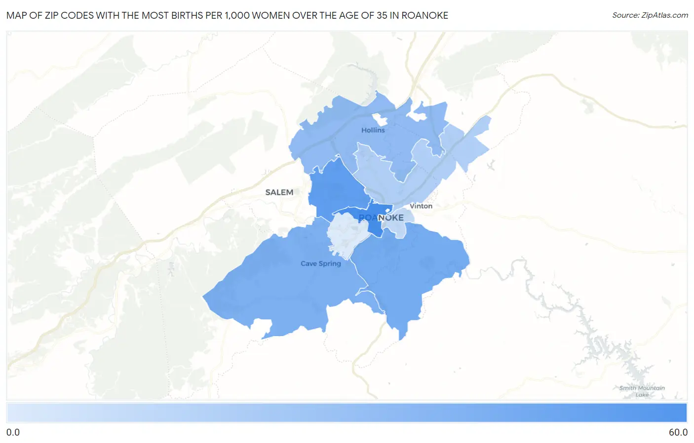 Zip Codes with the Most Births per 1,000 Women Over the Age of 35 in Roanoke Map