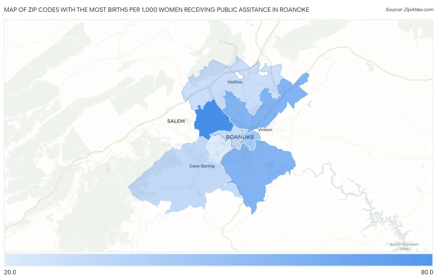 Zip Codes with the Most Births per 1,000 Women Receiving Public Assitance in Roanoke Map