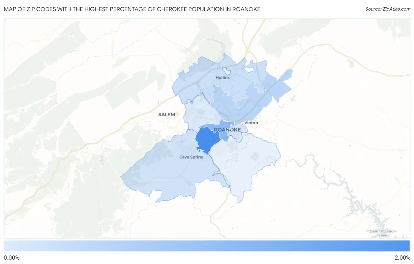 Zip Codes with the Highest Percentage of Cherokee Population in Roanoke Map