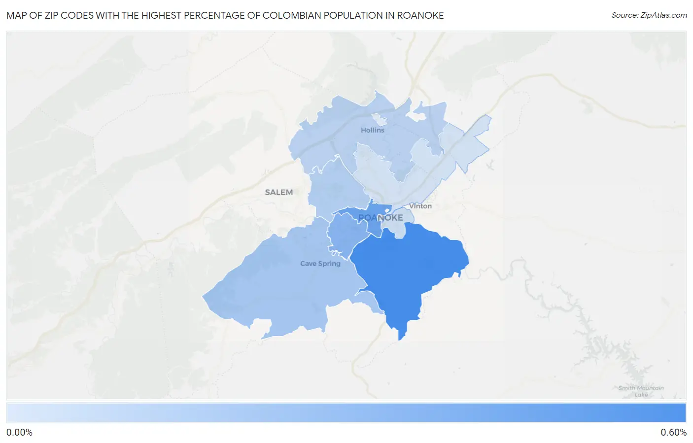 Zip Codes with the Highest Percentage of Colombian Population in Roanoke Map