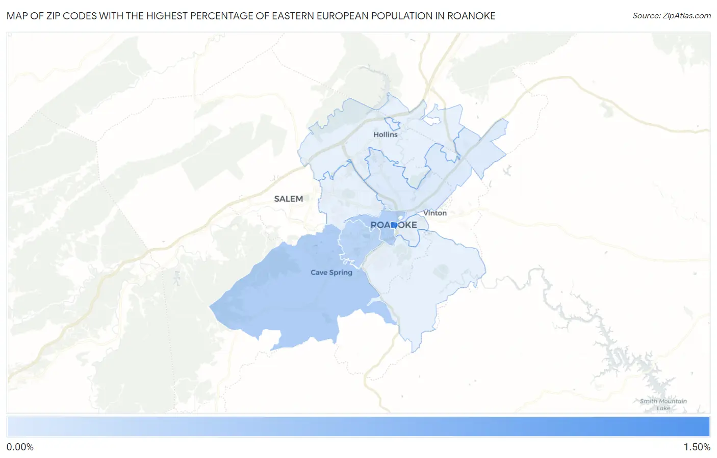 Zip Codes with the Highest Percentage of Eastern European Population in Roanoke Map
