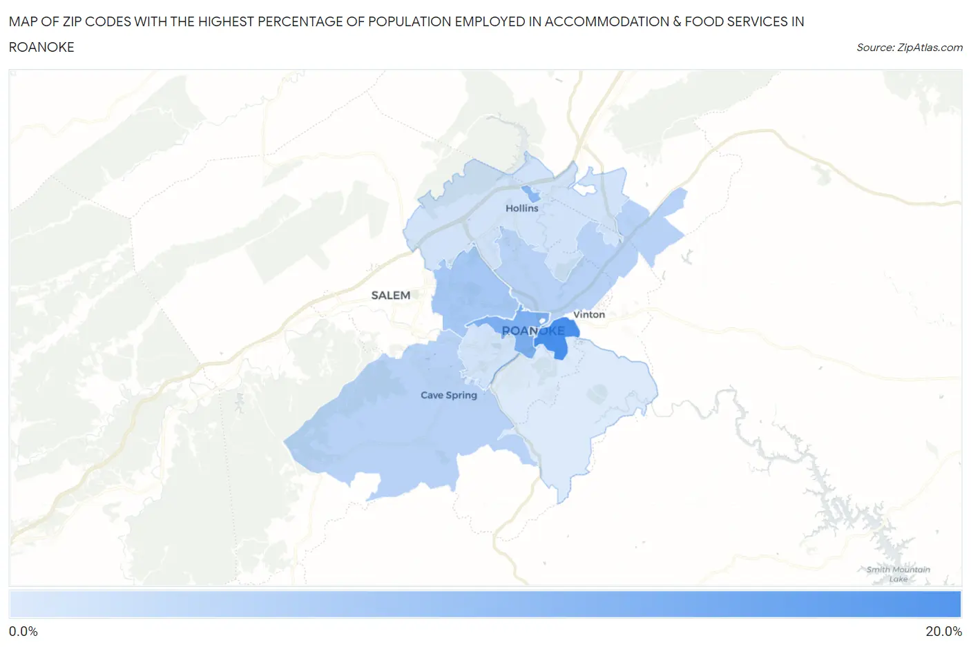 Zip Codes with the Highest Percentage of Population Employed in Accommodation & Food Services in Roanoke Map