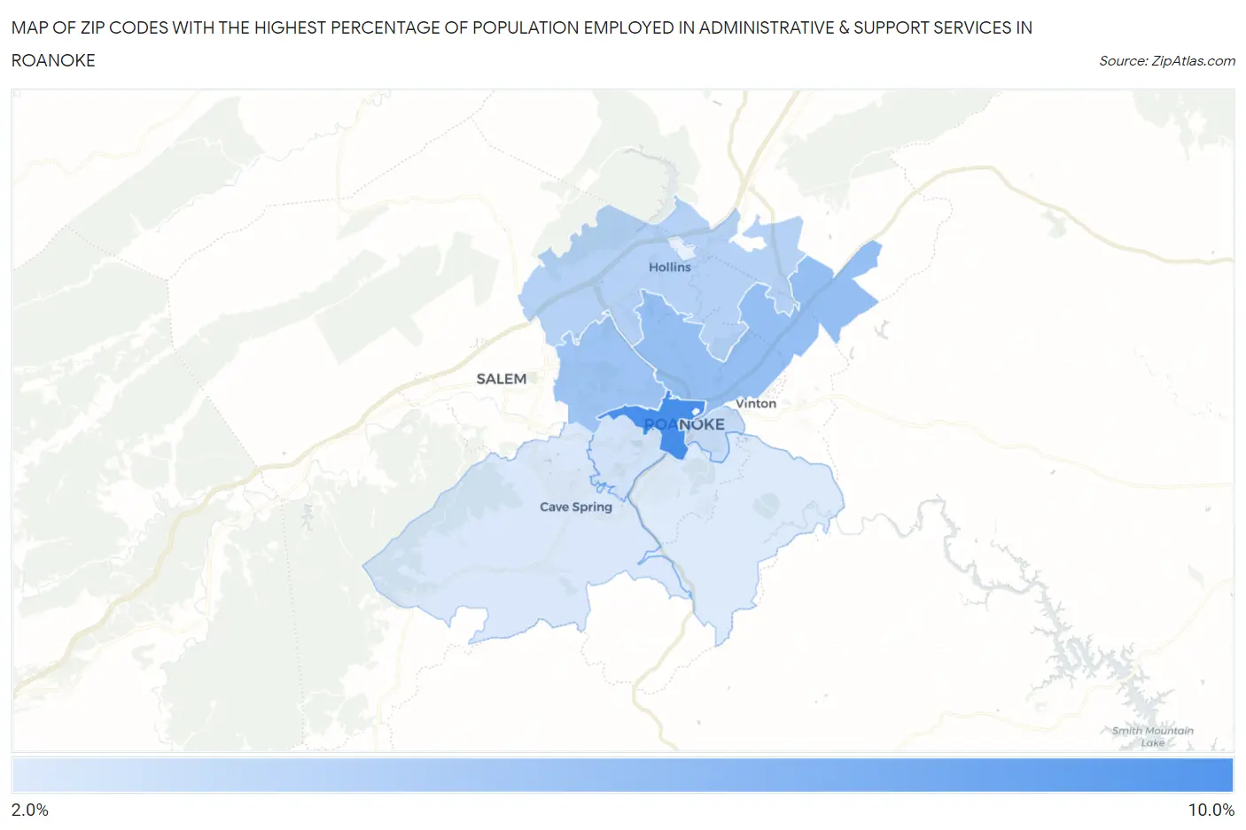 Zip Codes with the Highest Percentage of Population Employed in Administrative & Support Services in Roanoke Map