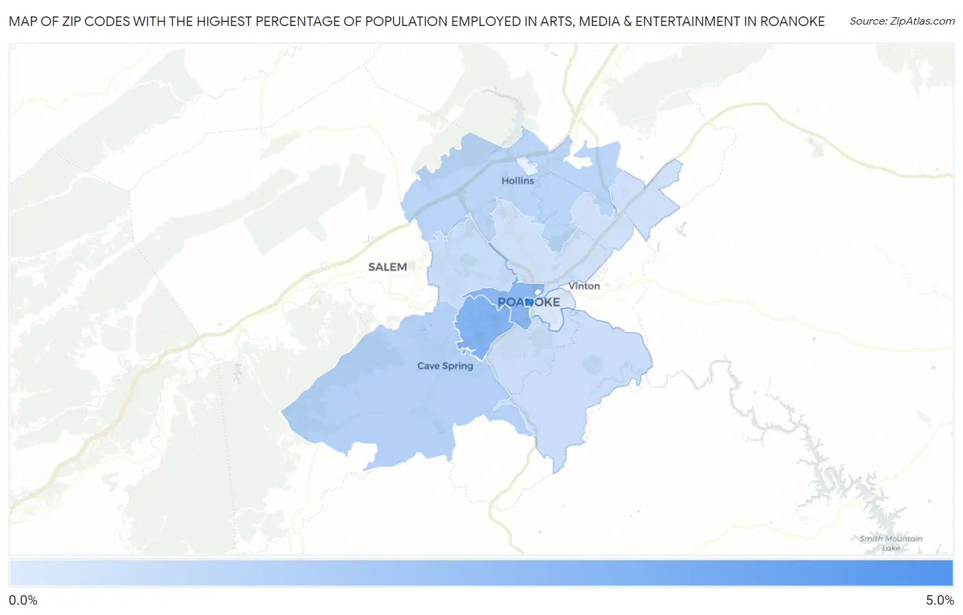 Zip Codes with the Highest Percentage of Population Employed in Arts, Media & Entertainment in Roanoke Map