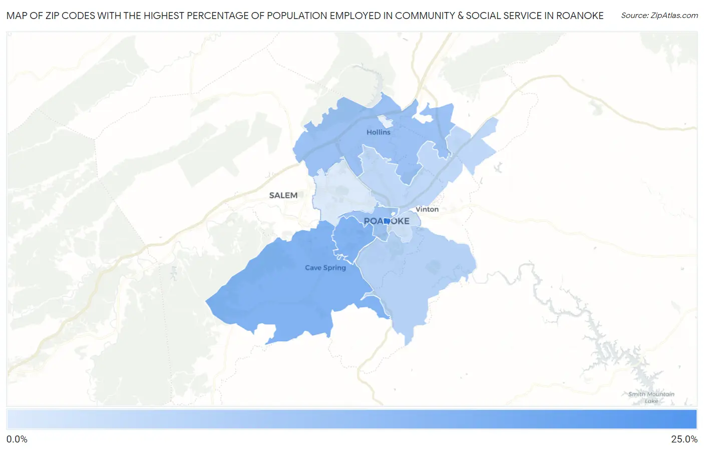 Zip Codes with the Highest Percentage of Population Employed in Community & Social Service  in Roanoke Map