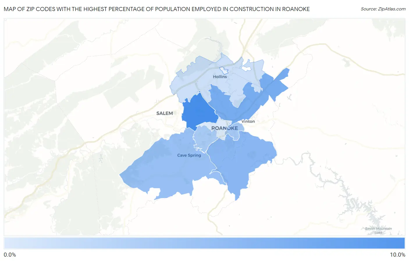 Zip Codes with the Highest Percentage of Population Employed in Construction in Roanoke Map