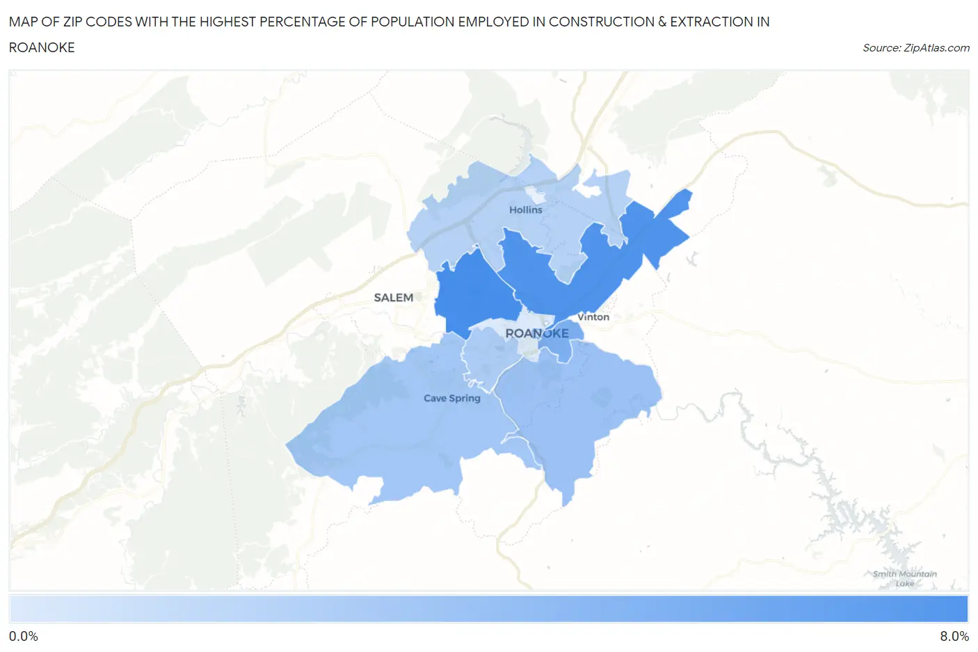 Zip Codes with the Highest Percentage of Population Employed in Construction & Extraction in Roanoke Map