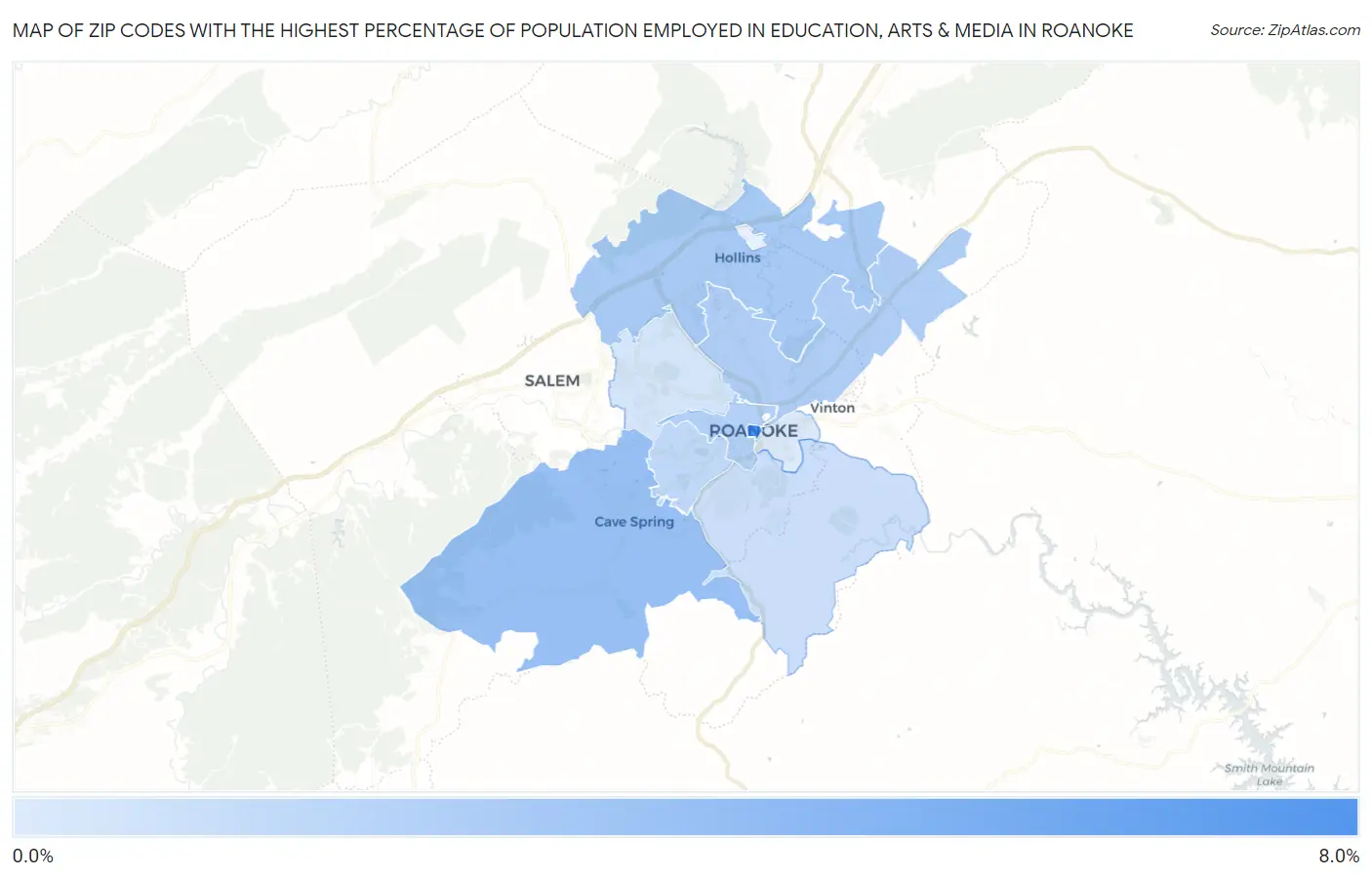 Zip Codes with the Highest Percentage of Population Employed in Education, Arts & Media in Roanoke Map