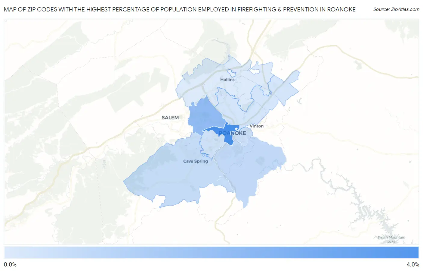 Zip Codes with the Highest Percentage of Population Employed in Firefighting & Prevention in Roanoke Map