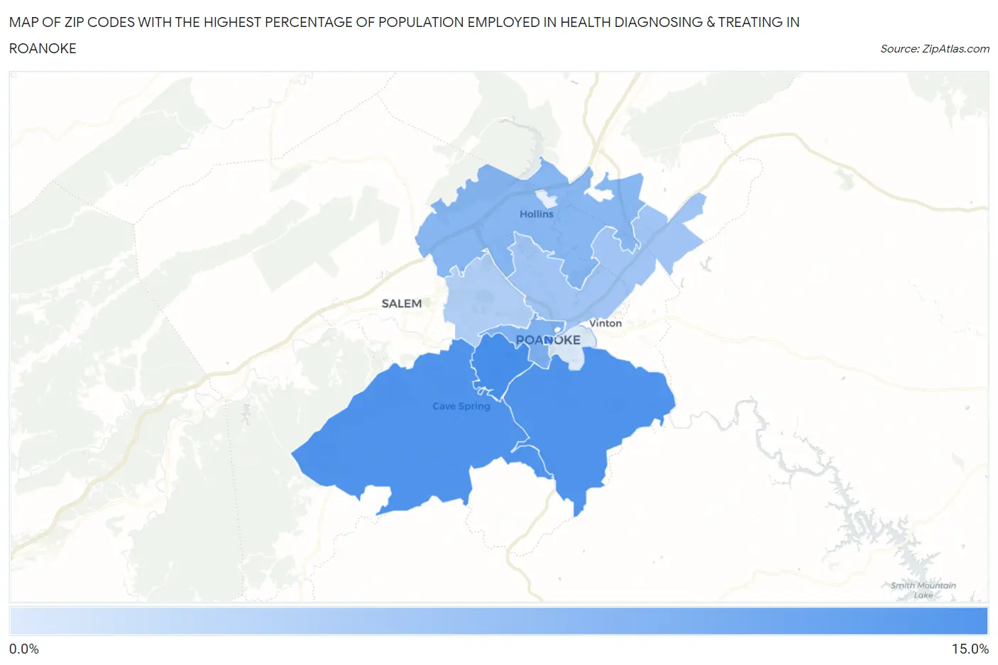 Zip Codes with the Highest Percentage of Population Employed in Health Diagnosing & Treating in Roanoke Map