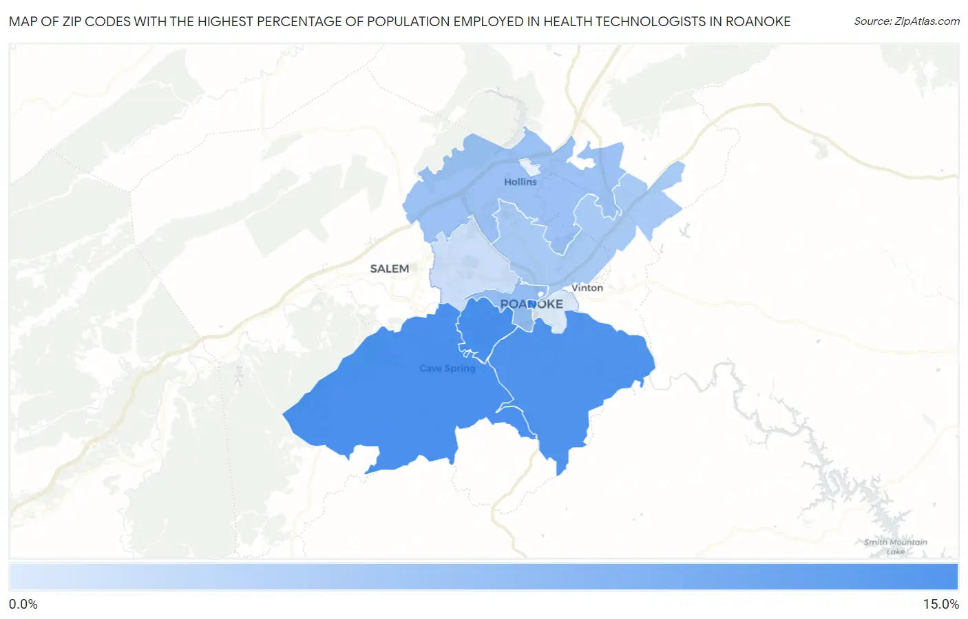 Zip Codes with the Highest Percentage of Population Employed in Health Technologists in Roanoke Map