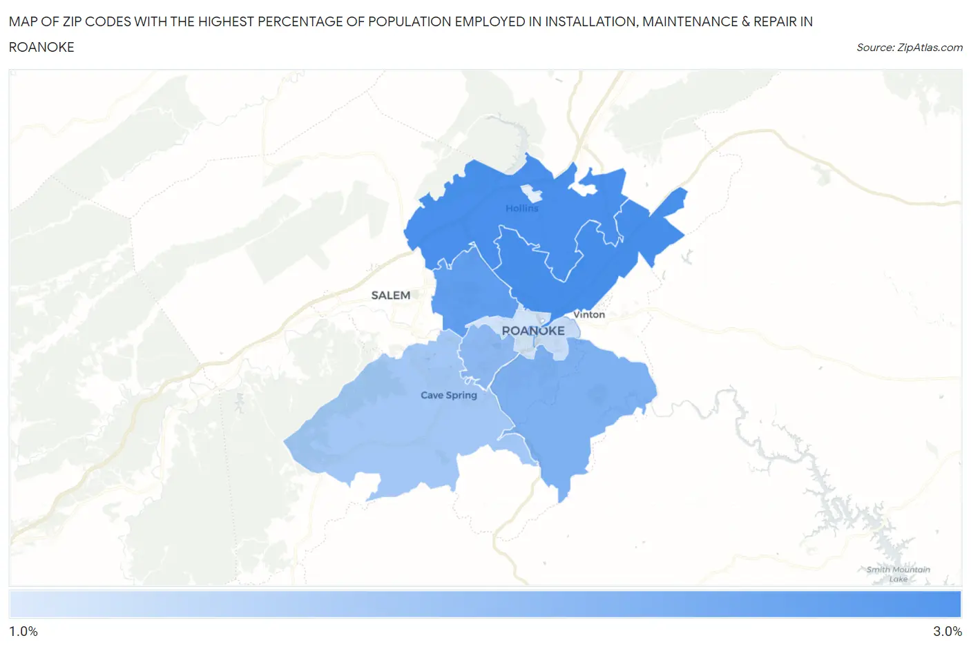 Zip Codes with the Highest Percentage of Population Employed in Installation, Maintenance & Repair in Roanoke Map