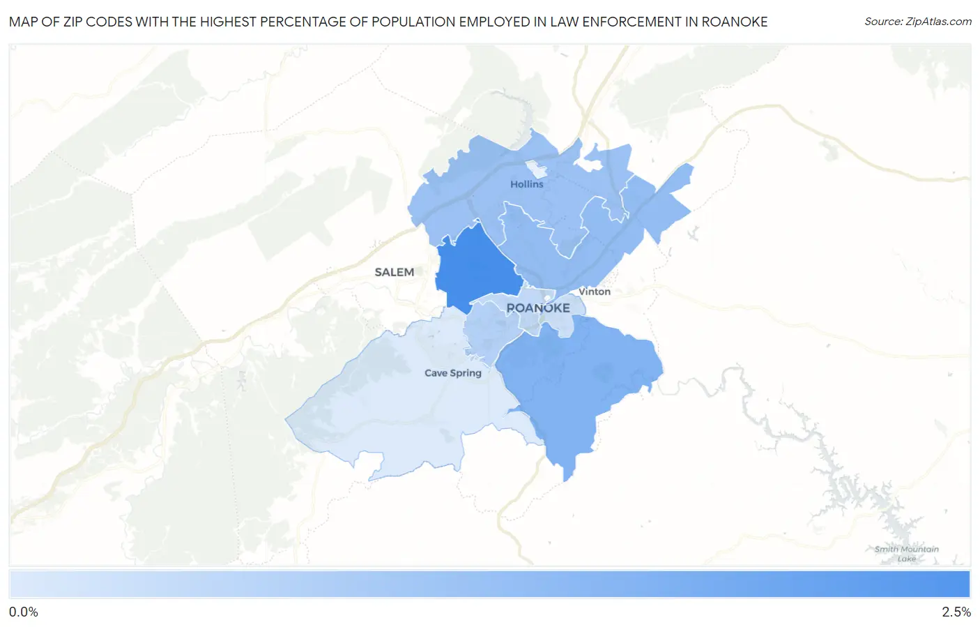 Zip Codes with the Highest Percentage of Population Employed in Law Enforcement in Roanoke Map