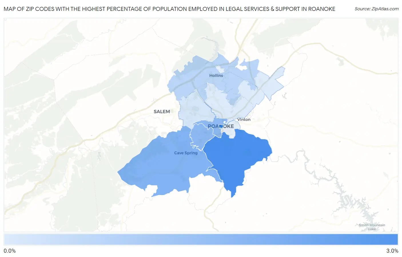 Zip Codes with the Highest Percentage of Population Employed in Legal Services & Support in Roanoke Map