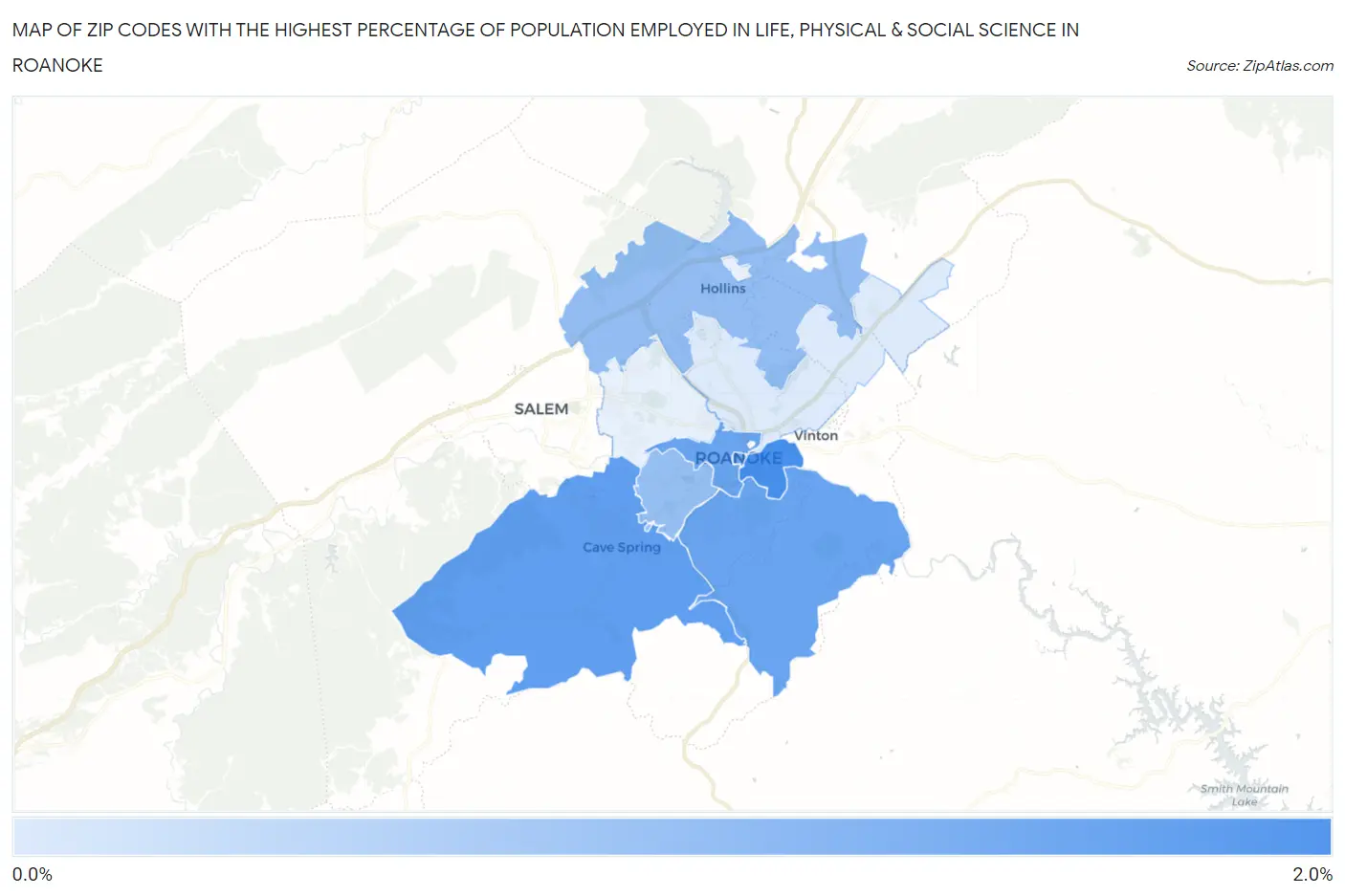 Zip Codes with the Highest Percentage of Population Employed in Life, Physical & Social Science in Roanoke Map