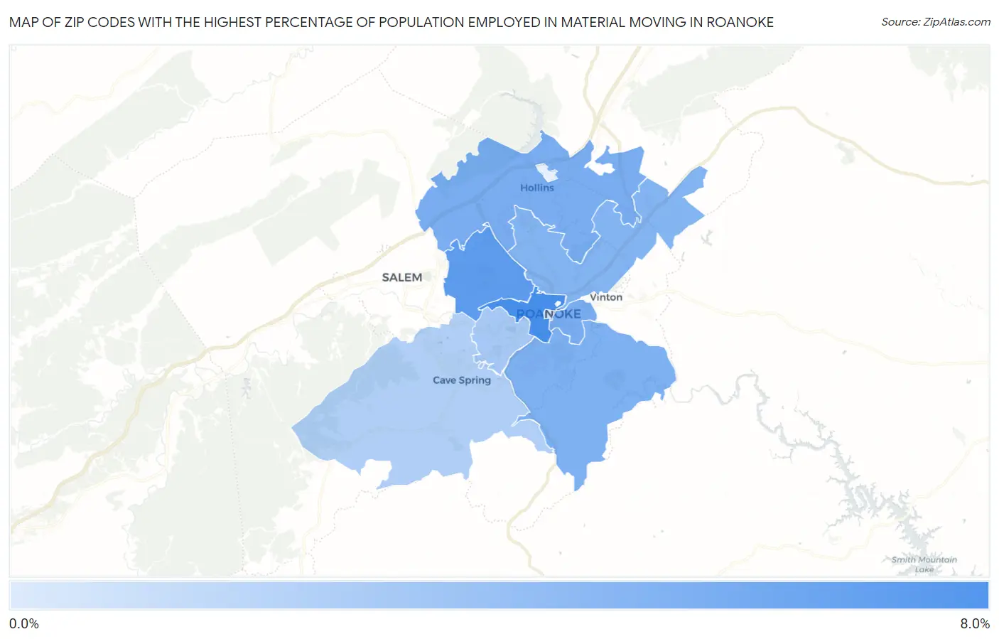 Zip Codes with the Highest Percentage of Population Employed in Material Moving in Roanoke Map