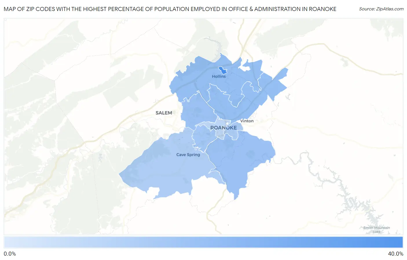 Zip Codes with the Highest Percentage of Population Employed in Office & Administration in Roanoke Map