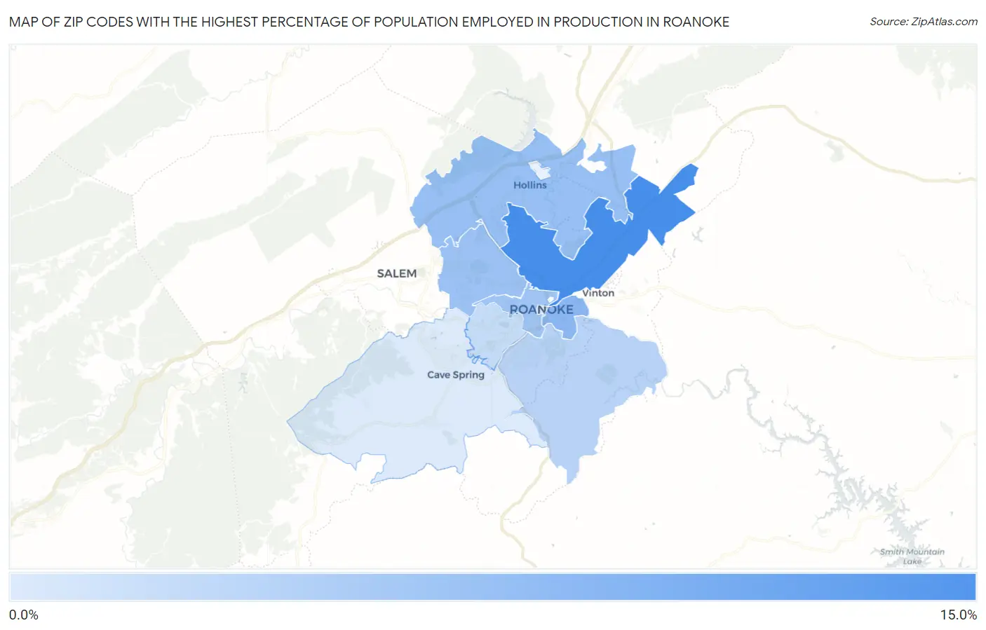 Zip Codes with the Highest Percentage of Population Employed in Production in Roanoke Map