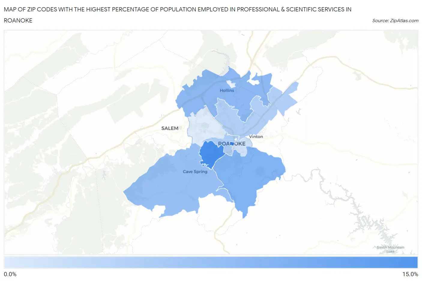 Zip Codes with the Highest Percentage of Population Employed in Professional & Scientific Services in Roanoke Map