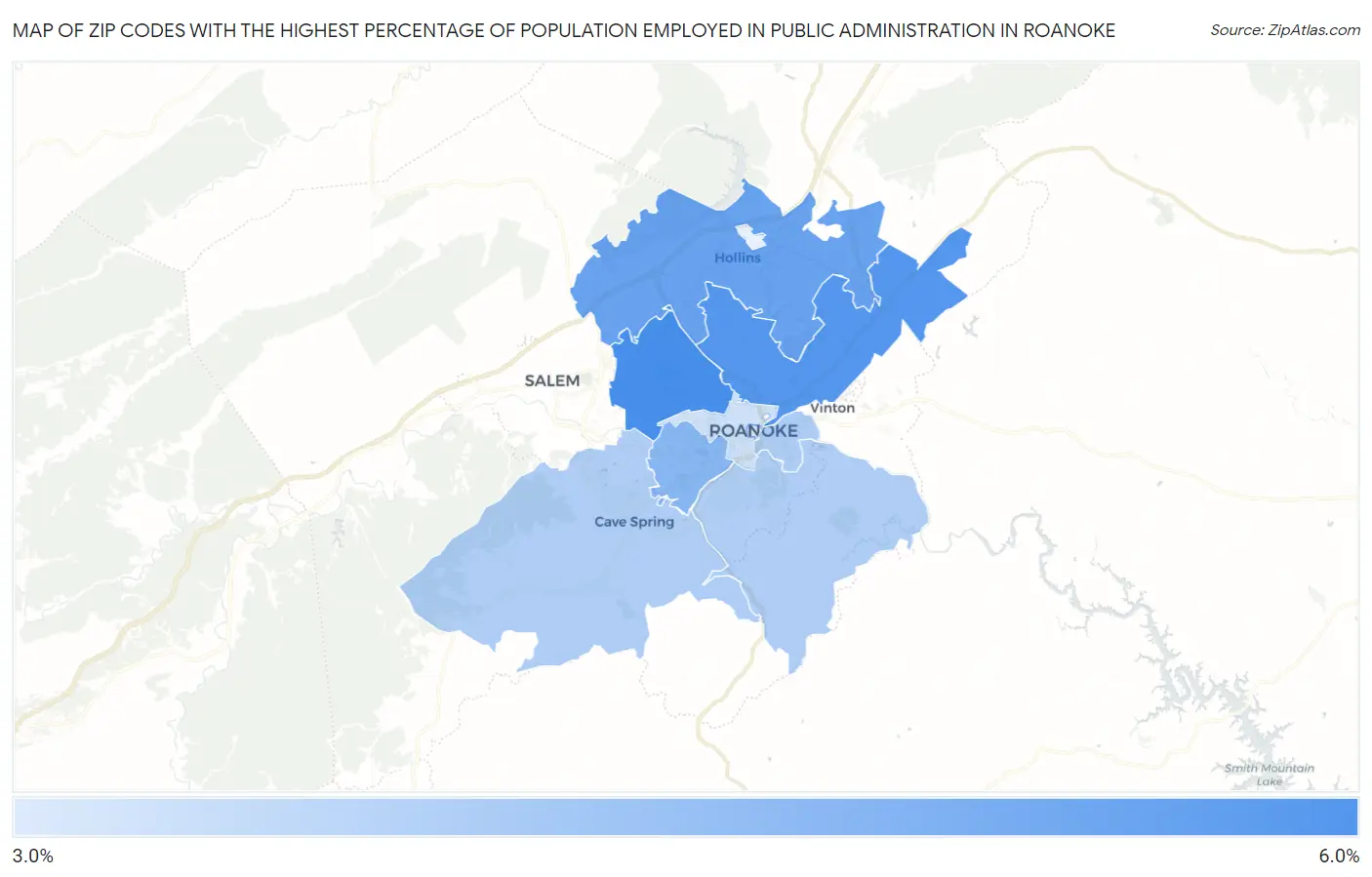 Zip Codes with the Highest Percentage of Population Employed in Public Administration in Roanoke Map