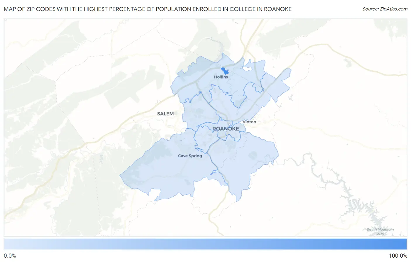 Zip Codes with the Highest Percentage of Population Enrolled in College in Roanoke Map