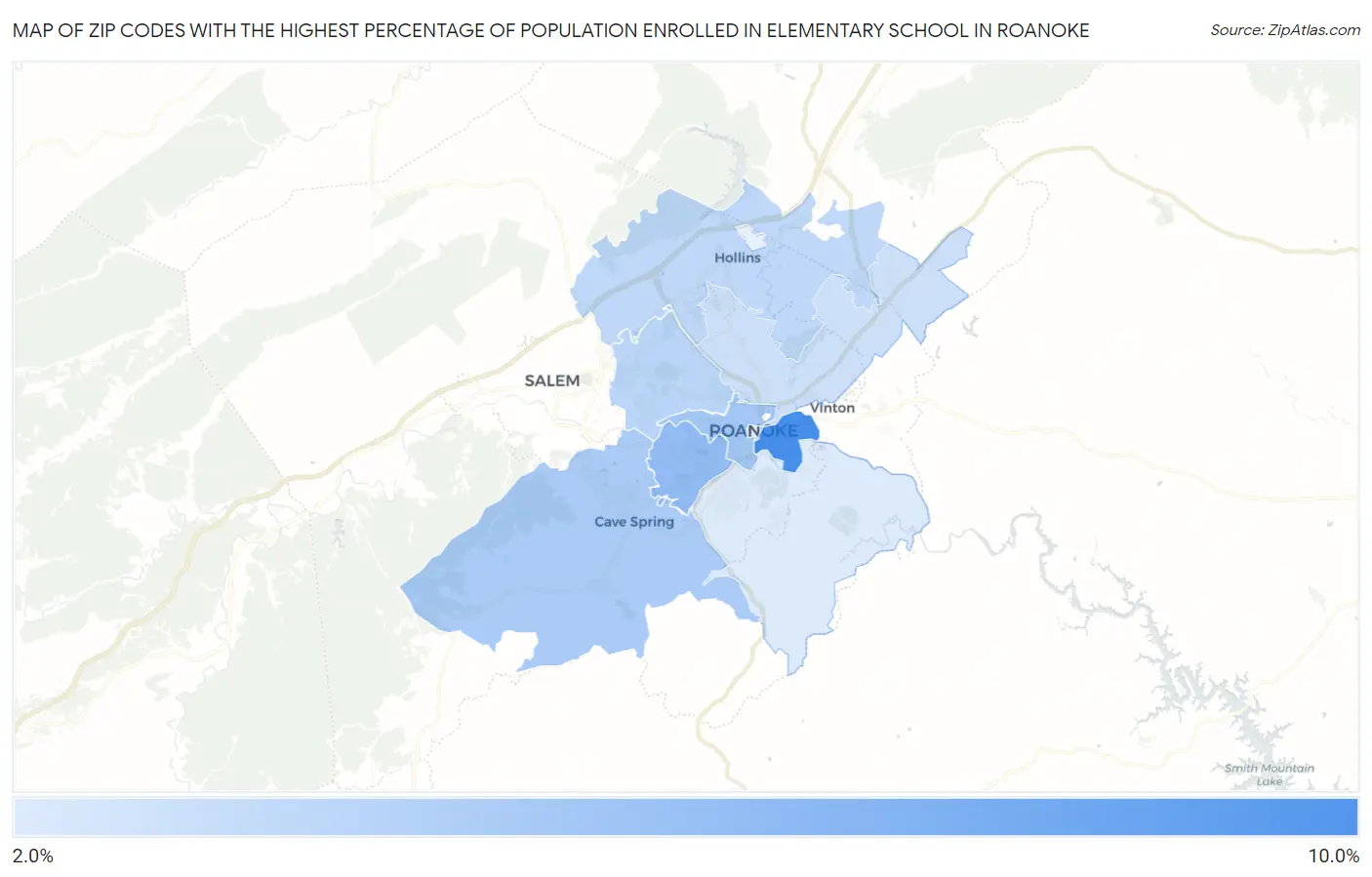Zip Codes with the Highest Percentage of Population Enrolled in Elementary School in Roanoke Map