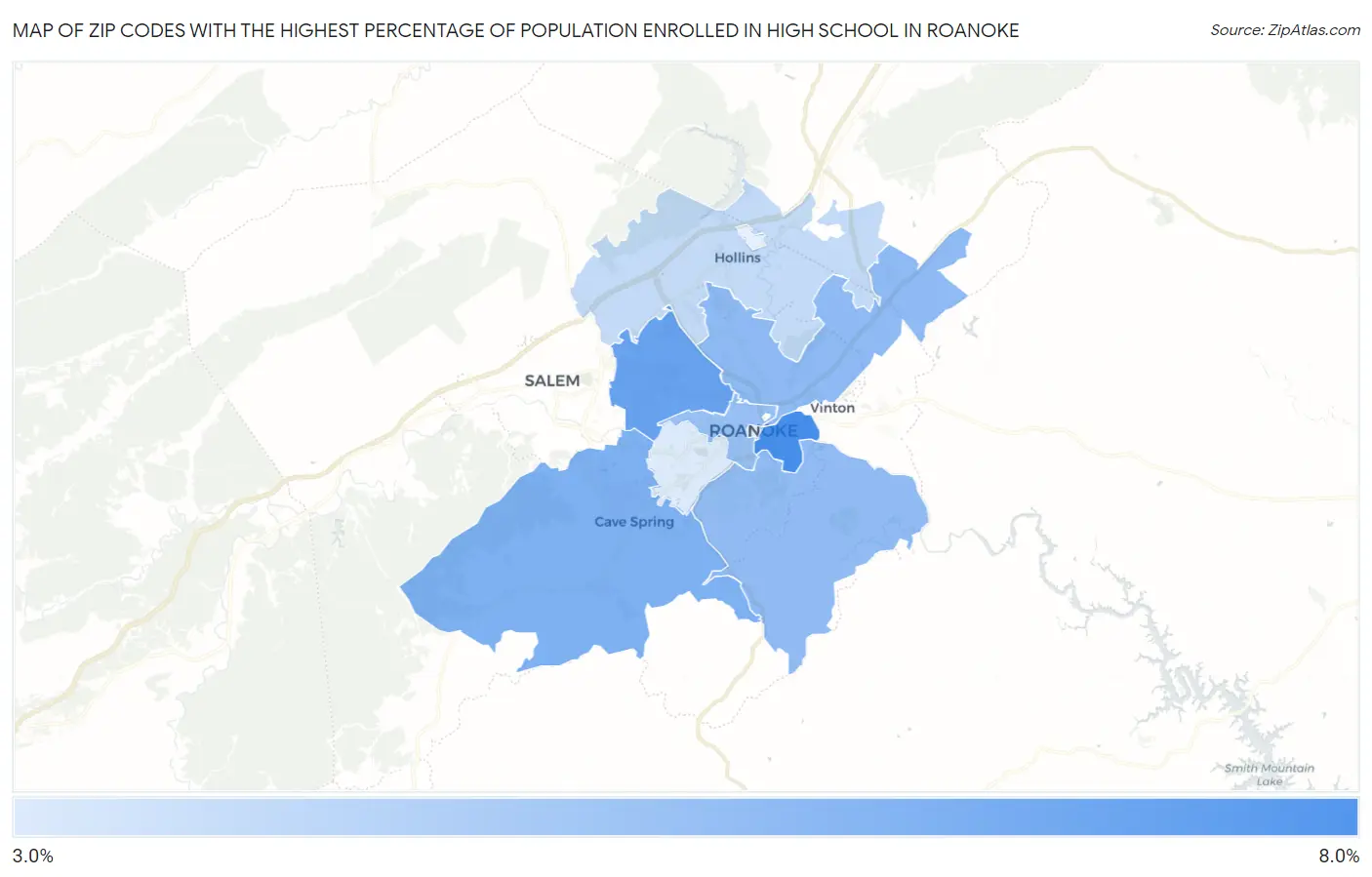 Zip Codes with the Highest Percentage of Population Enrolled in High School in Roanoke Map