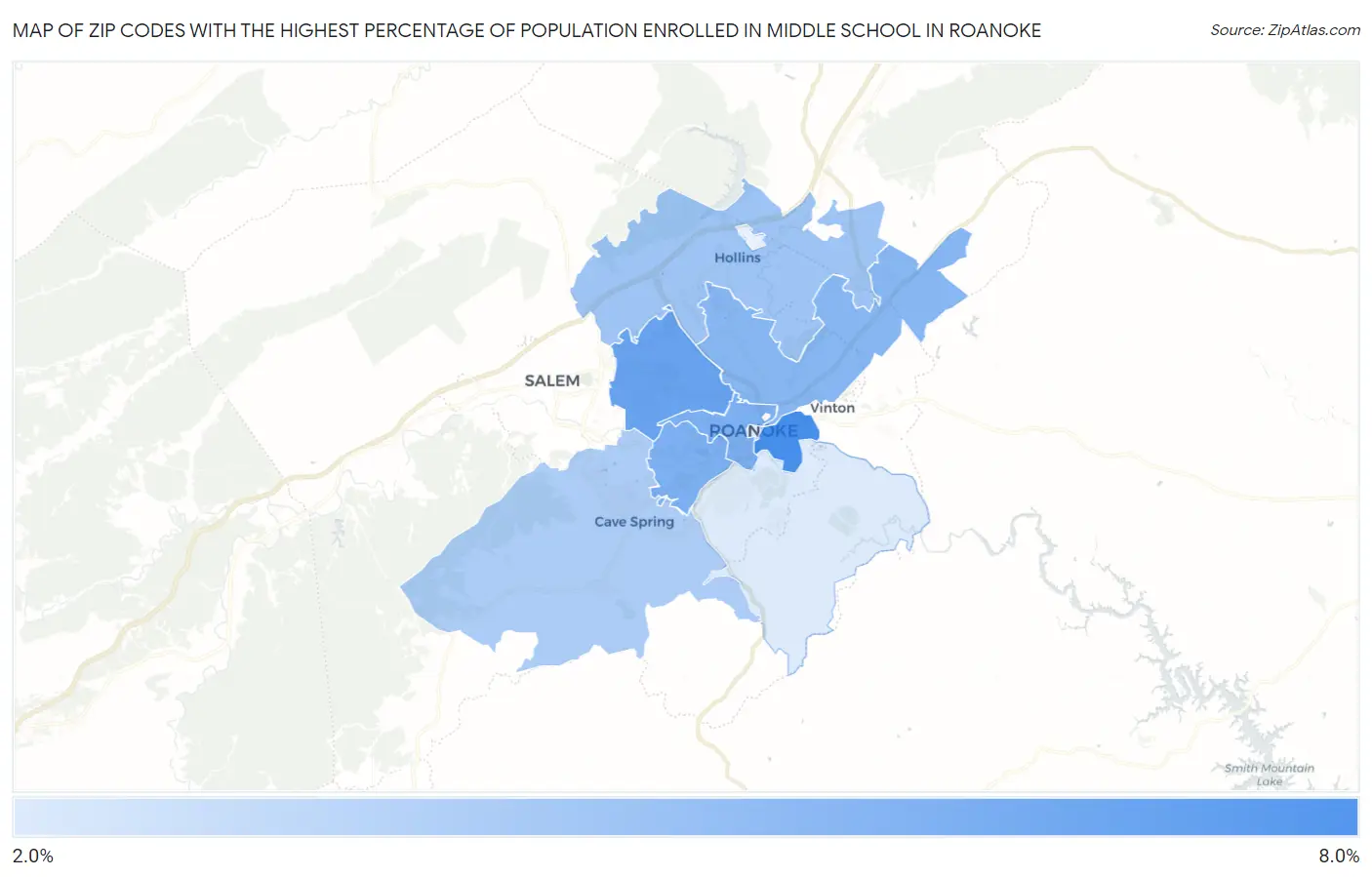 Zip Codes with the Highest Percentage of Population Enrolled in Middle School in Roanoke Map