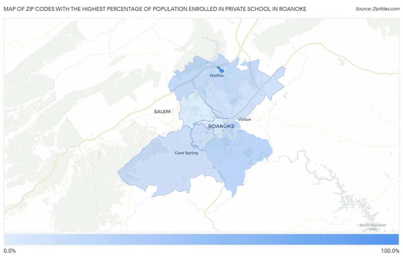 Zip Codes with the Highest Percentage of Population Enrolled in Private School in Roanoke Map