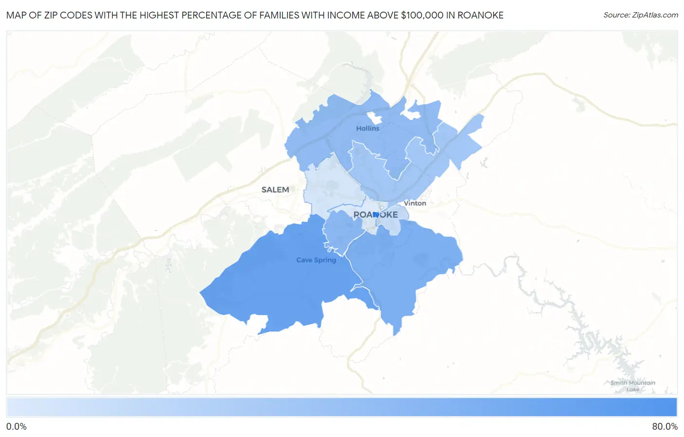 Zip Codes with the Highest Percentage of Families with Income Above $100,000 in Roanoke Map