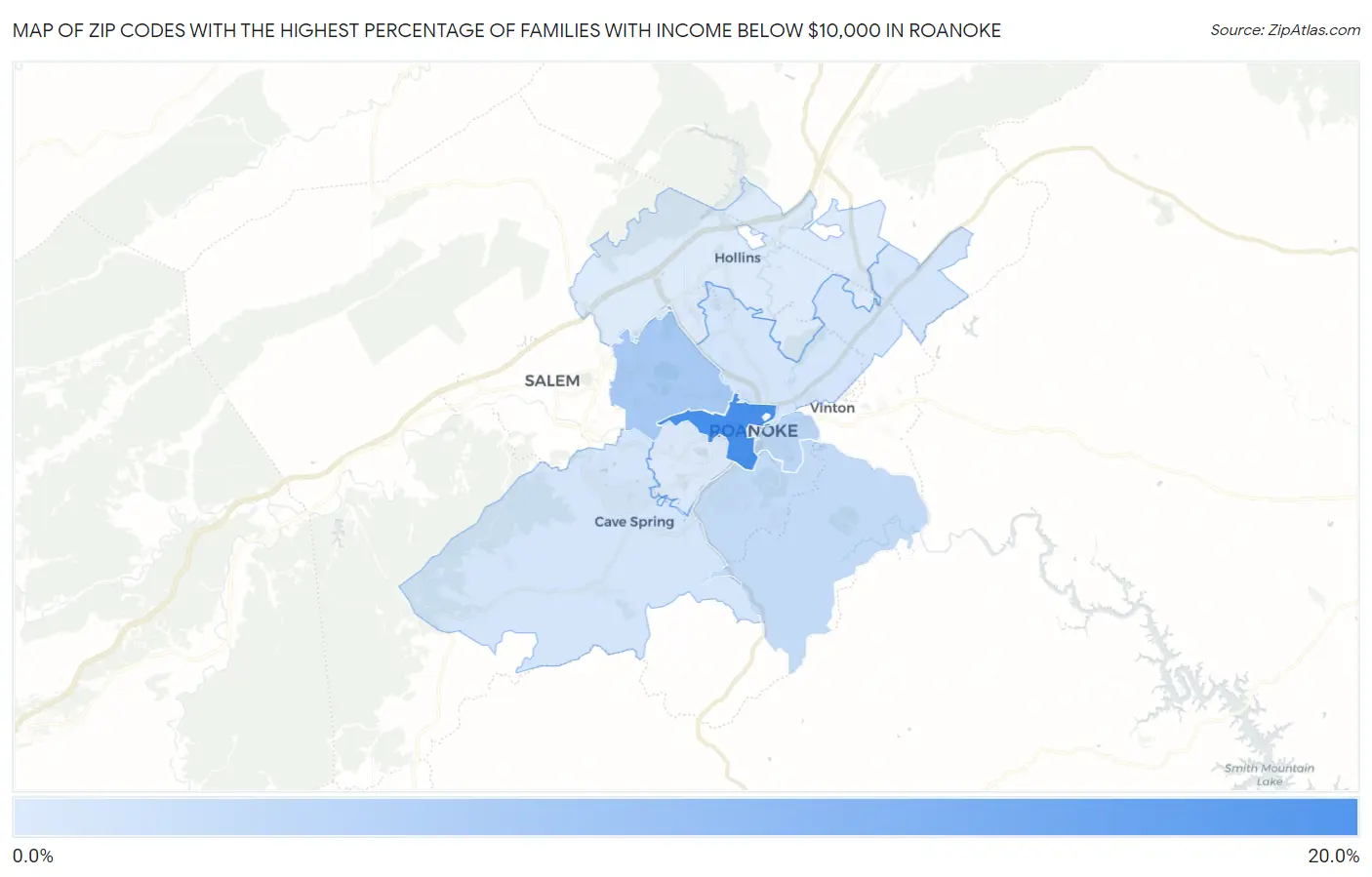 Zip Codes with the Highest Percentage of Families with Income Below $10,000 in Roanoke Map